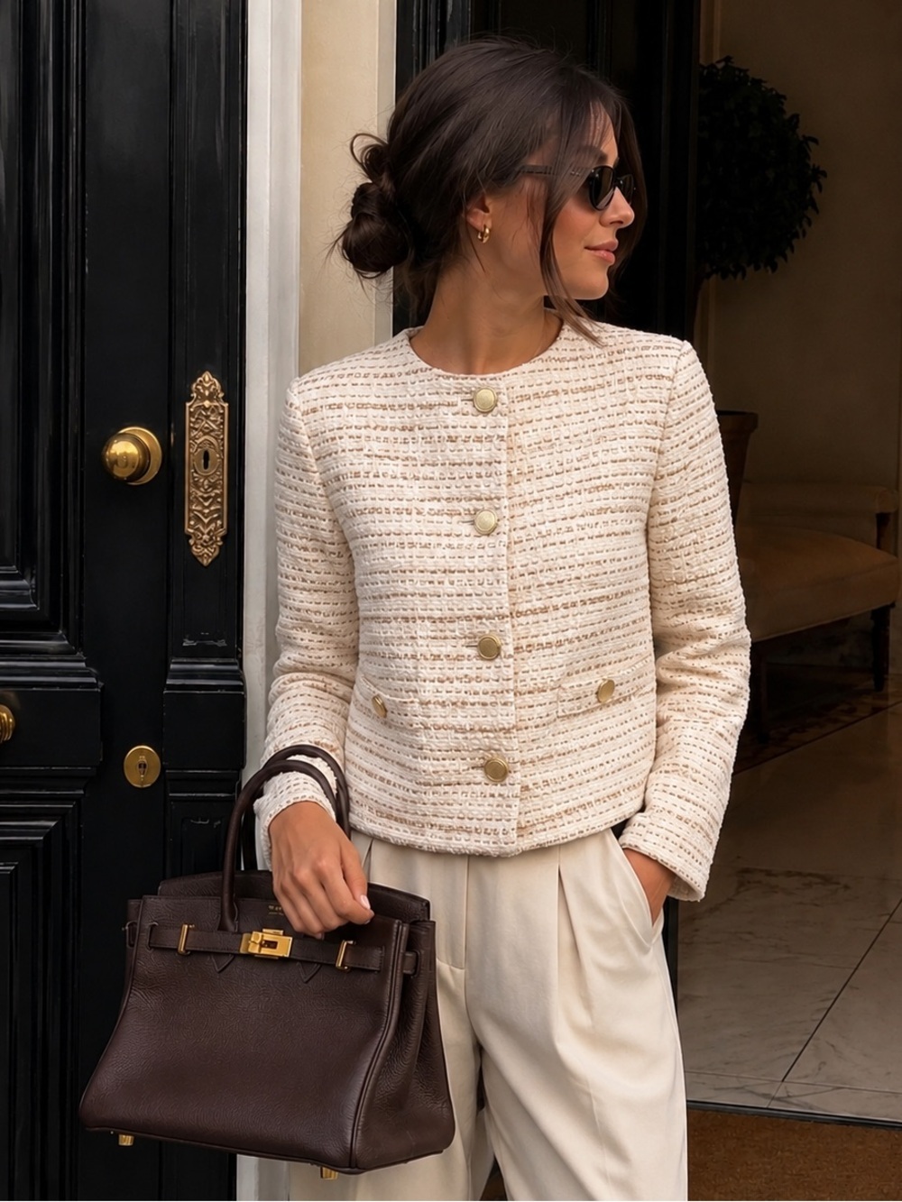 Zara Cream Tweed Button-Up Blazer with Gold Buttons